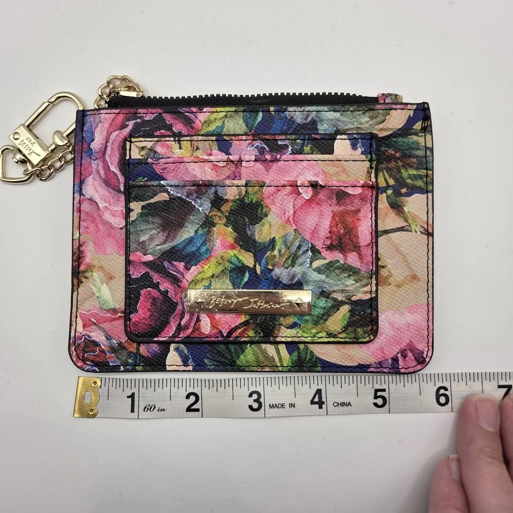 Betsey‎ Johnson Floral Card Holder Wallet Womens OS Pink Rose Gold Keychain Zip